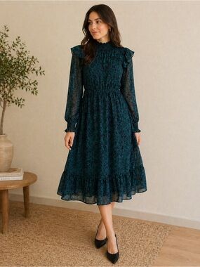 Spirit of Grace Dark Teal Leopard Print Smocked Midi Dress Ruffles size S
